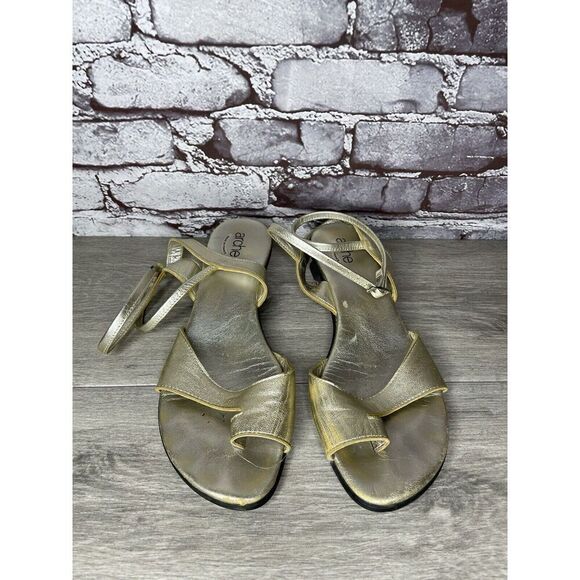 ARCHE France Gold Leather Strappy Wedge Toe Post Sandals Women Sz 41EU/10.5M US - Picture 14 of 16